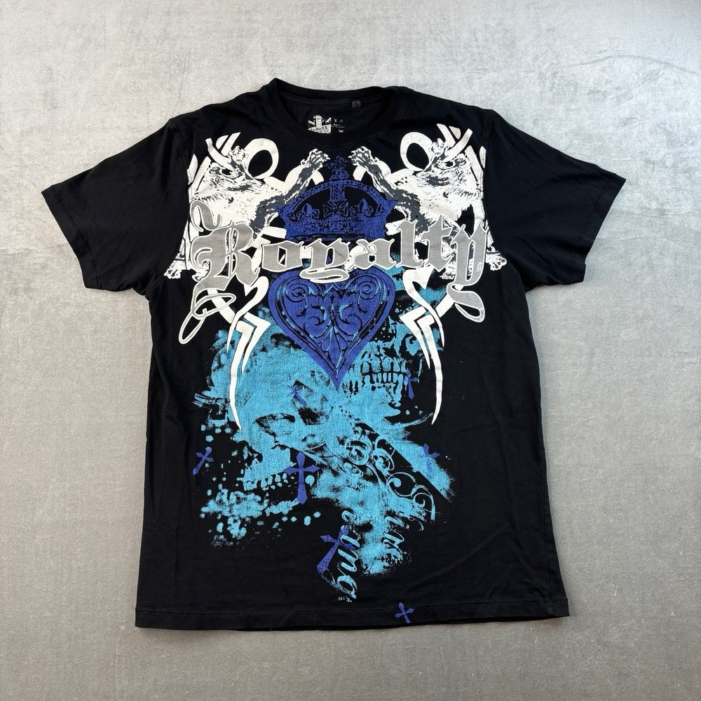 Royalty Graphic T Shirt Black Blue Crown Skull Design Mens Small